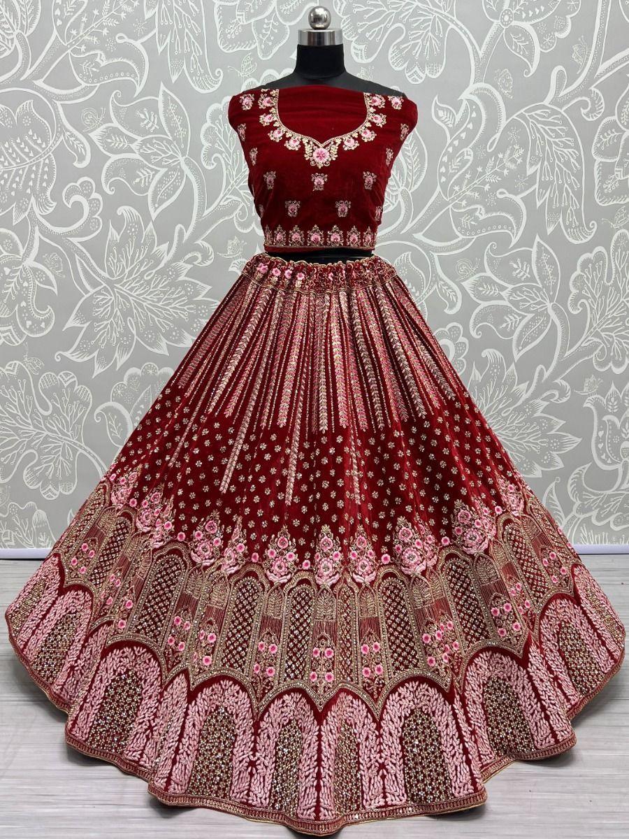 Adorable Red Multi-Thread Work Velvet |Bridal Lehenga Choli with Dupatta