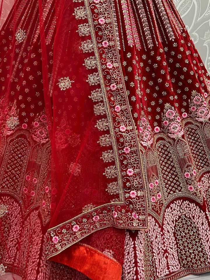 Adorable Red Multi-Thread Work Velvet |Bridal Lehenga Choli with Dupatta