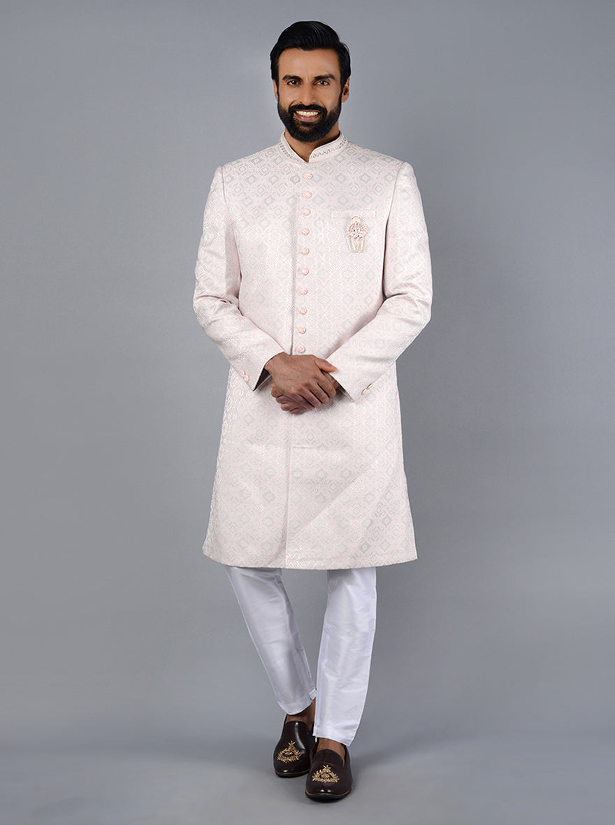 Pink & Grey Regular Fit Indowestern with Jacquard Fabric