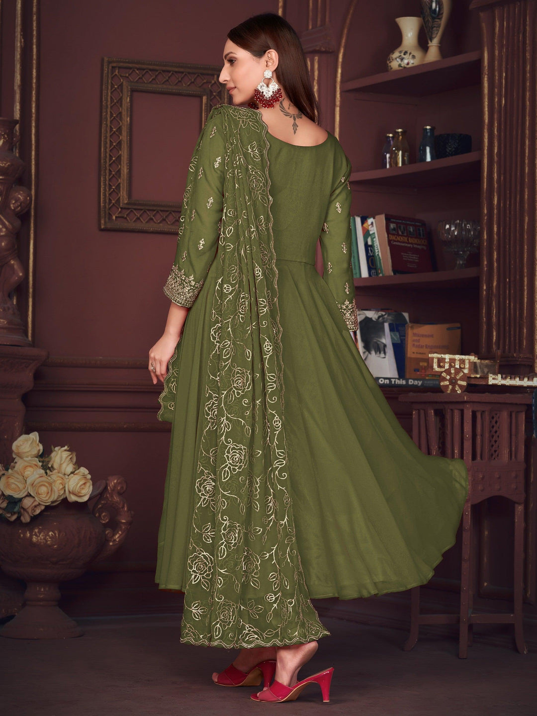 Lovely Green Anarkali Suit | Embroidered Georgette with Matching Dupatta