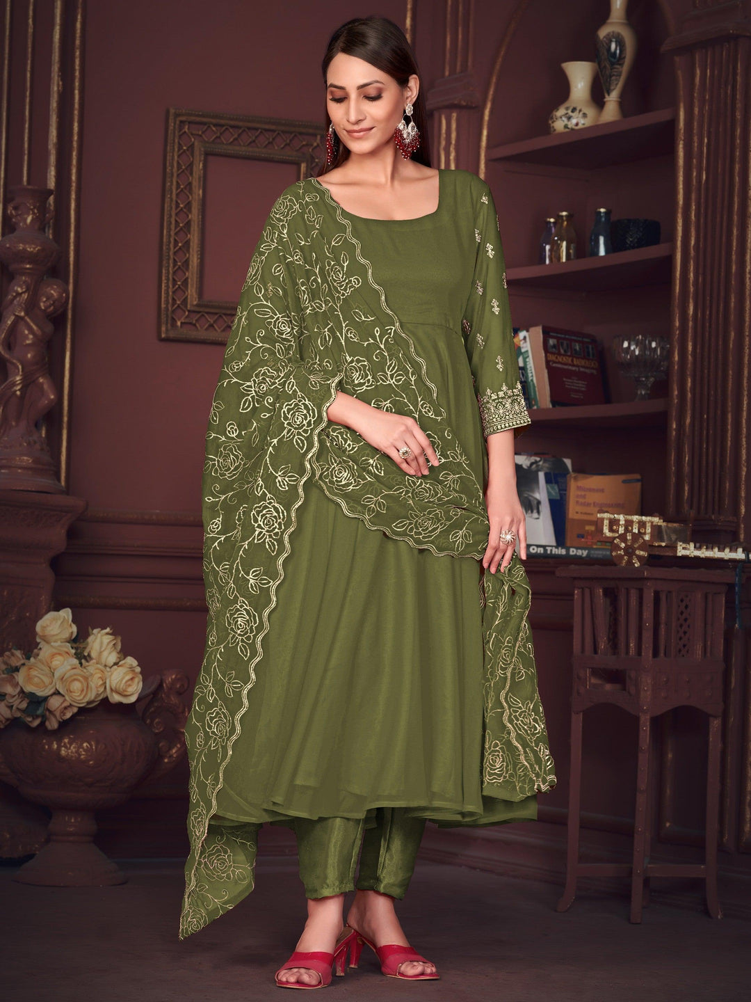 Lovely Green Anarkali Suit | Embroidered Georgette with Matching Dupatta