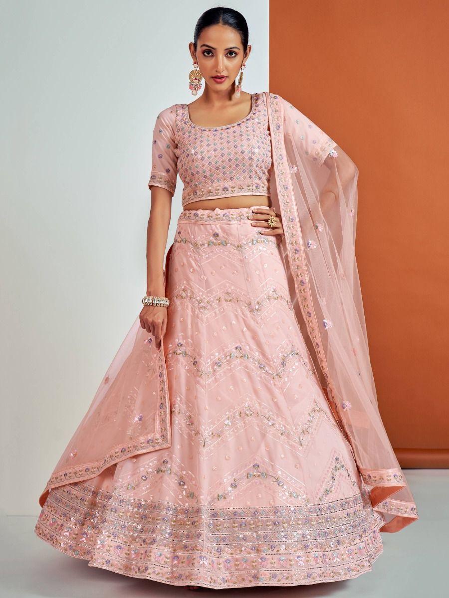 Luxe Peach Georgette Lehenga Choli | Embellished with Sequins & Threadwork