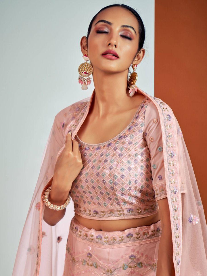 Luxe Peach Georgette Lehenga Choli | Embellished with Sequins & Threadwork