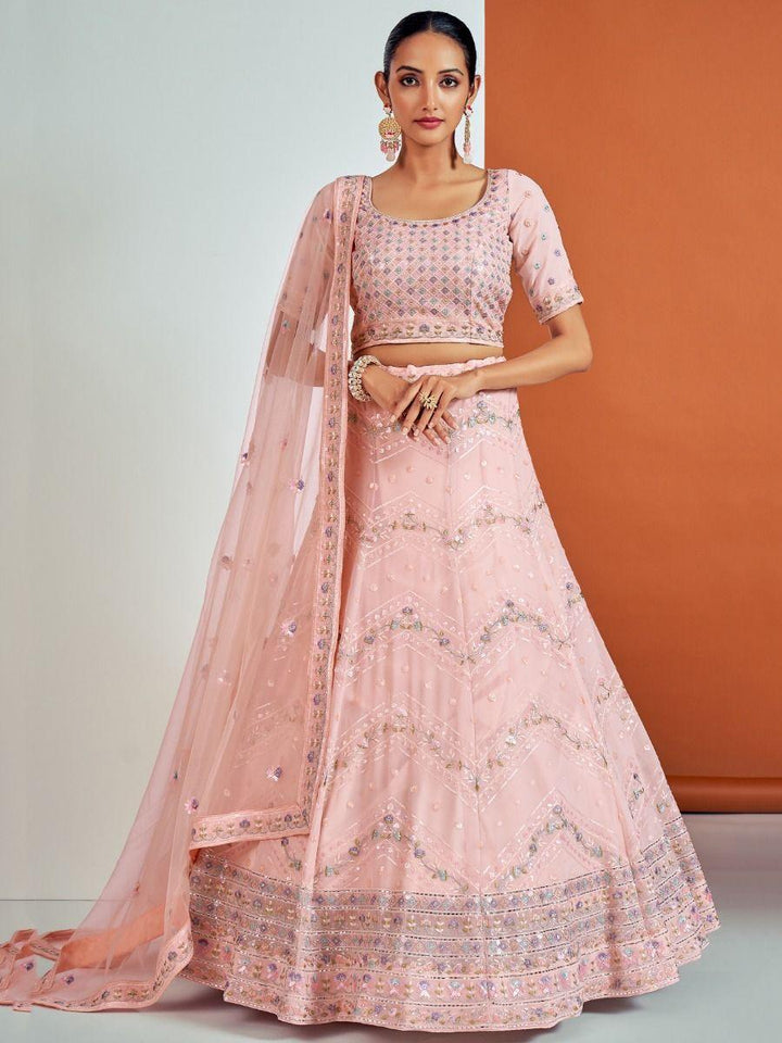 Luxe Peach Georgette Lehenga Choli | Embellished with Sequins & Threadwork