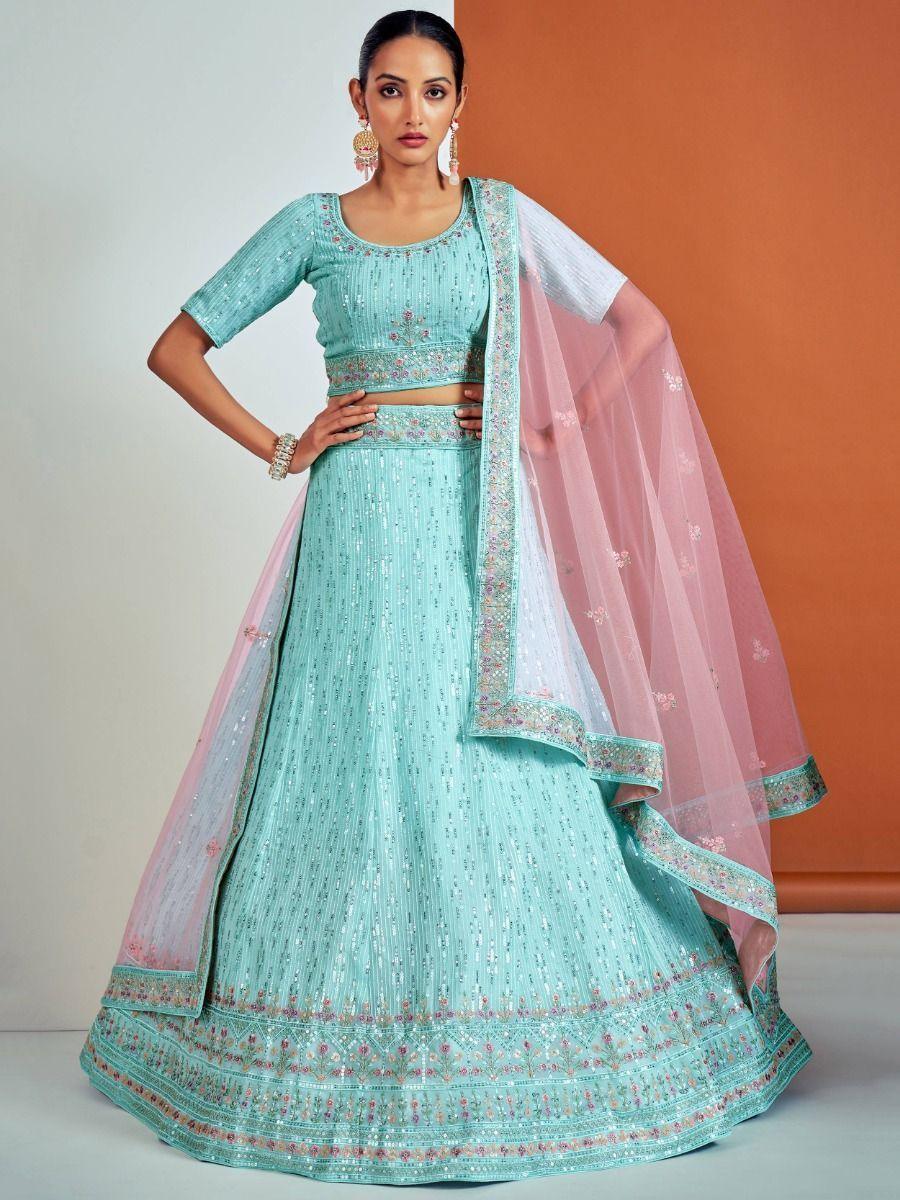 Stunning Turquoise Wedding Lehenga | Fully Customizable Choli and Sequins Work