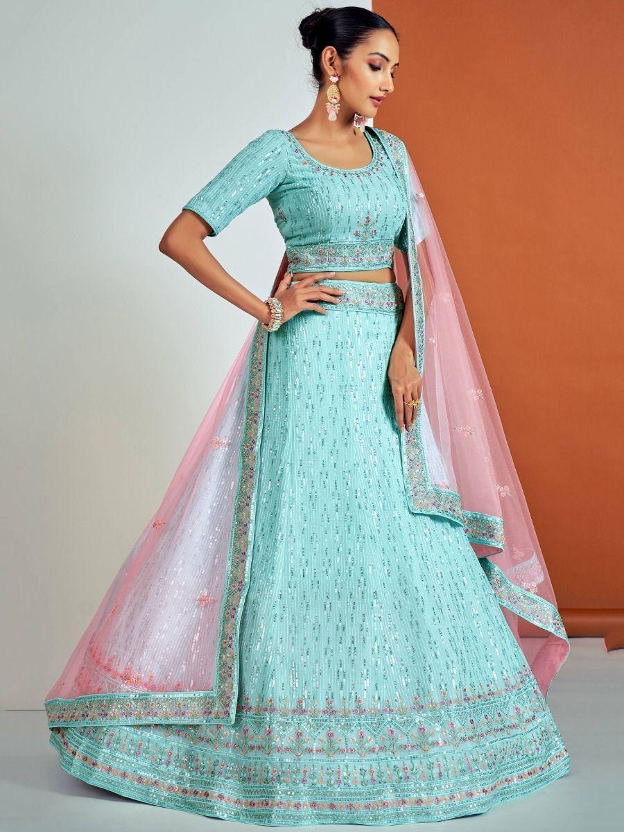 Stunning Turquoise Wedding Lehenga | Fully Customizable Choli and Sequins Work