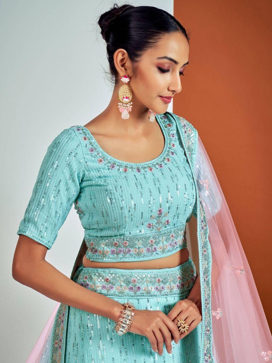 Stunning Turquoise Wedding Lehenga | Fully Customizable Choli and Sequins Work