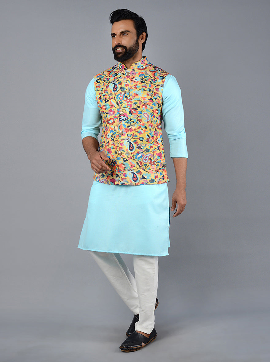 Stylish corn yellow Bandhgala jacket with classic design, combining functionality and elegance for special occasions.