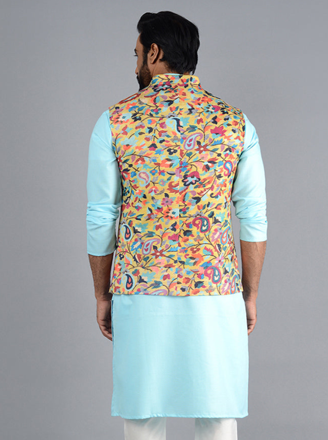 Corn Yellow Printed Bandhgala Jacket | Elevate Your Ethnic Style