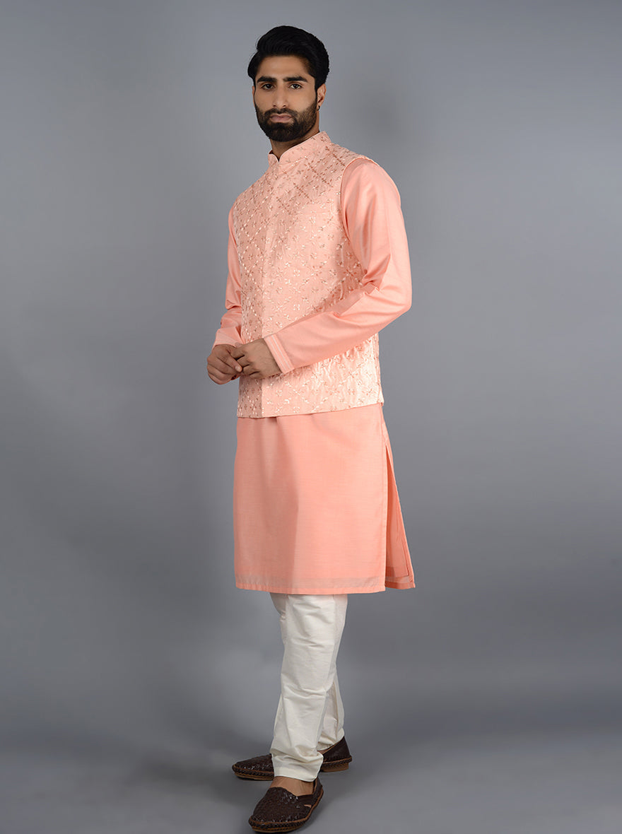 Stylish pink Bandhgala jacket, ideal for enhancing formal attire at special events with intricate detailing.