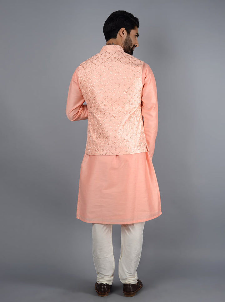 Elegant silk blend pink Bandhgala jacket designed for making a lasting impression at weddings and formal gatherings.