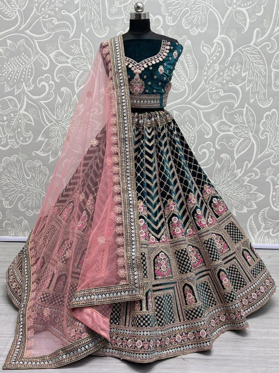 Royal Green Velvet Bridal Lehenga | Customizable Fit & Embroidered Dupatta