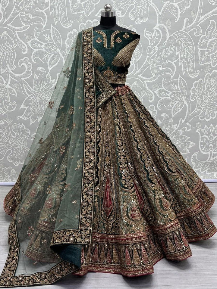 Luxurious Green Velvet Lehenga Choli | Bridal Set with Double Dupatta