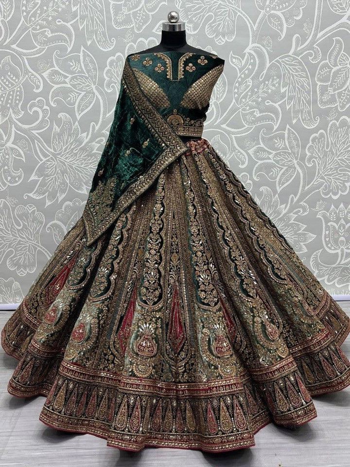 Luxurious Green Velvet Lehenga Choli | Bridal Set with Double Dupatta