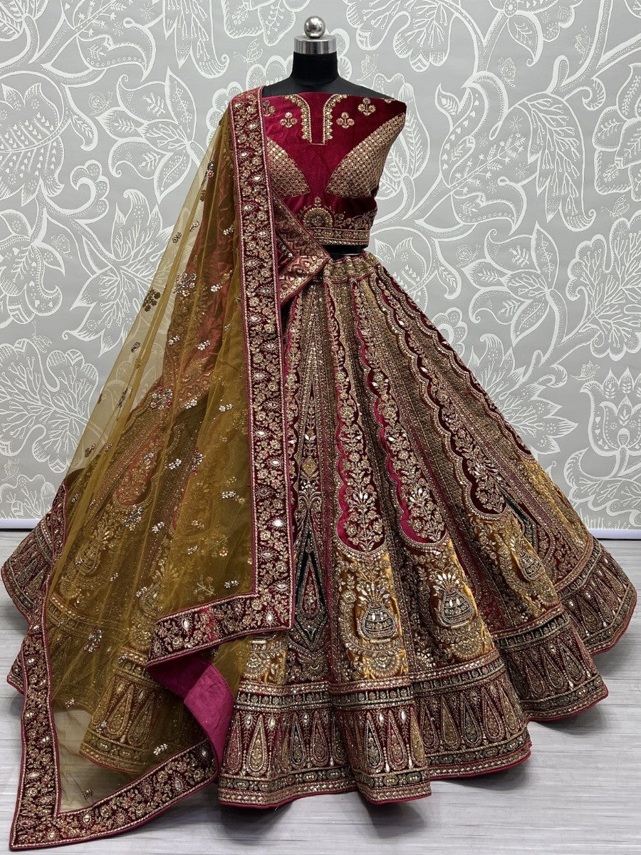 Elegant Maroon Velvet Lehenga Choli | Yellow Accents & Double Dupatta