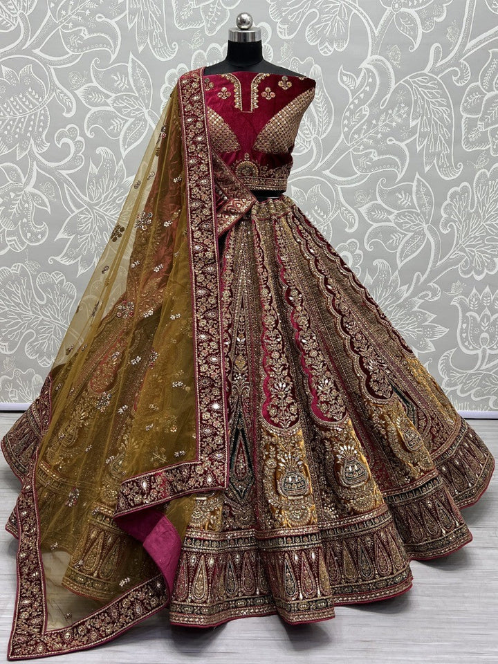 Elegant Maroon Velvet Lehenga Choli | Yellow Accents & Double Dupatta