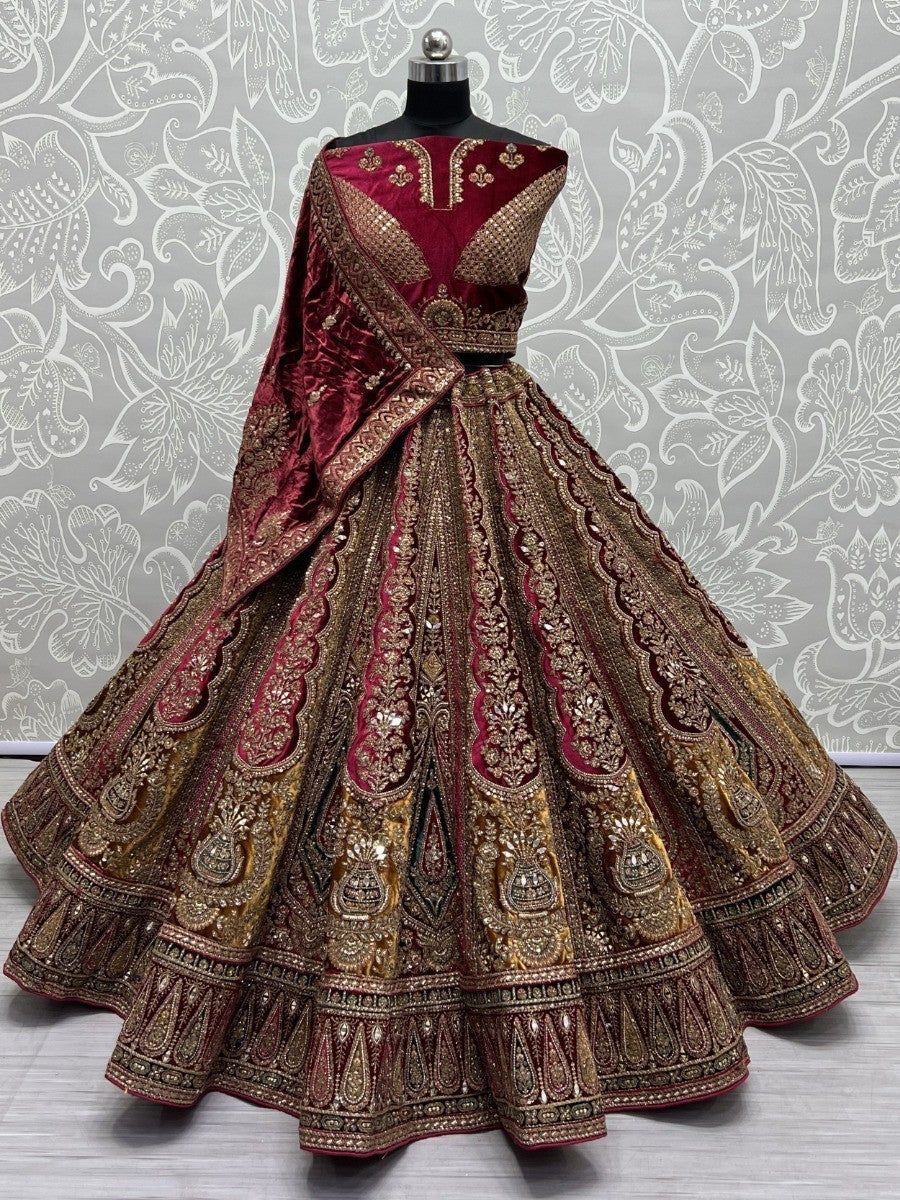 Elegant Maroon Velvet Lehenga Choli | Yellow Accents & Double Dupatta