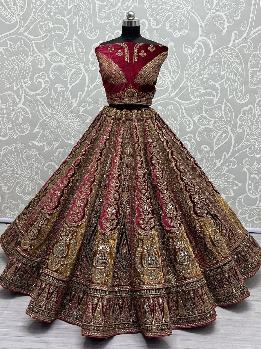 Elegant Maroon Velvet Lehenga Choli | Yellow Accents & Double Dupatta