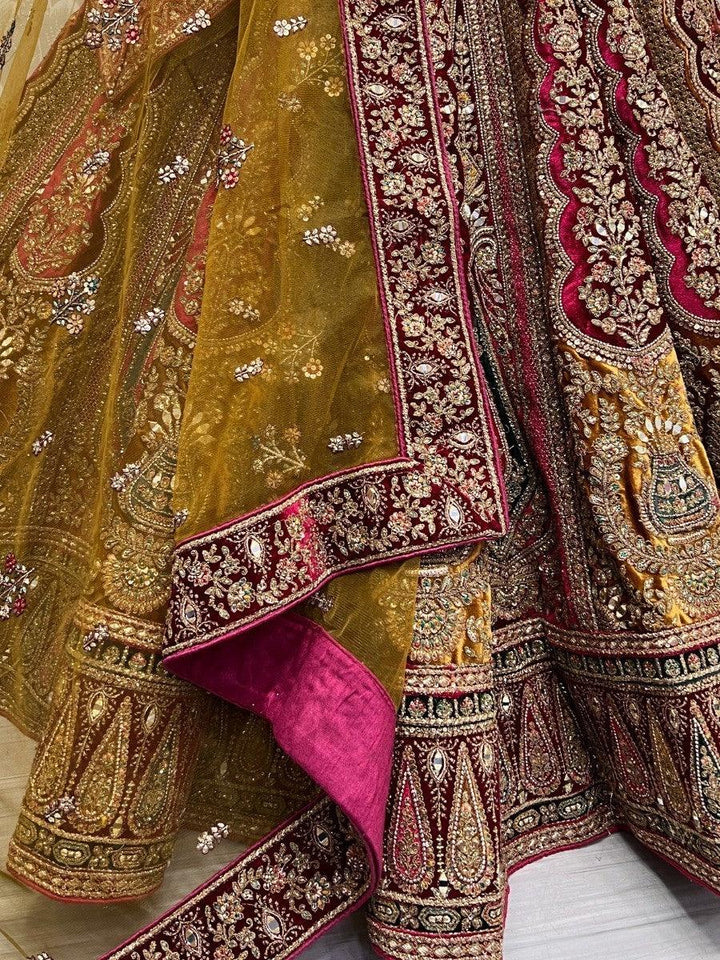 Elegant Maroon Velvet Lehenga Choli | Yellow Accents & Double Dupatta