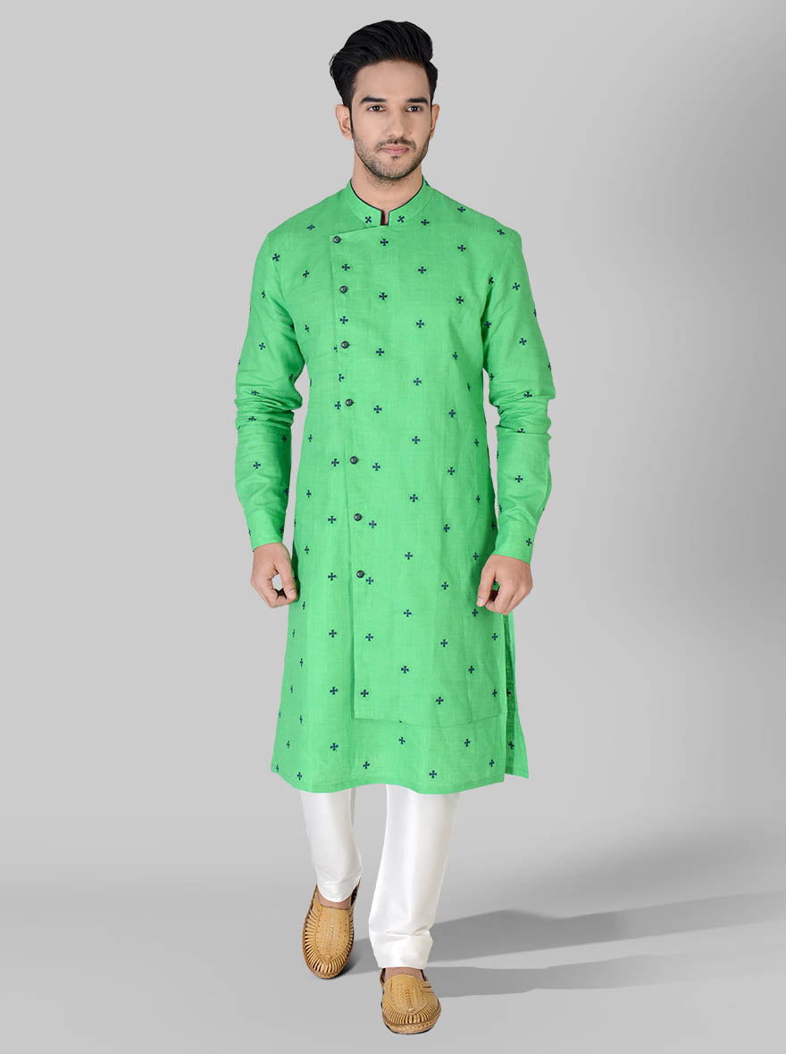 Elegant mint green kurta pajama for men, tailored for comfort and modern flair during celebrations.