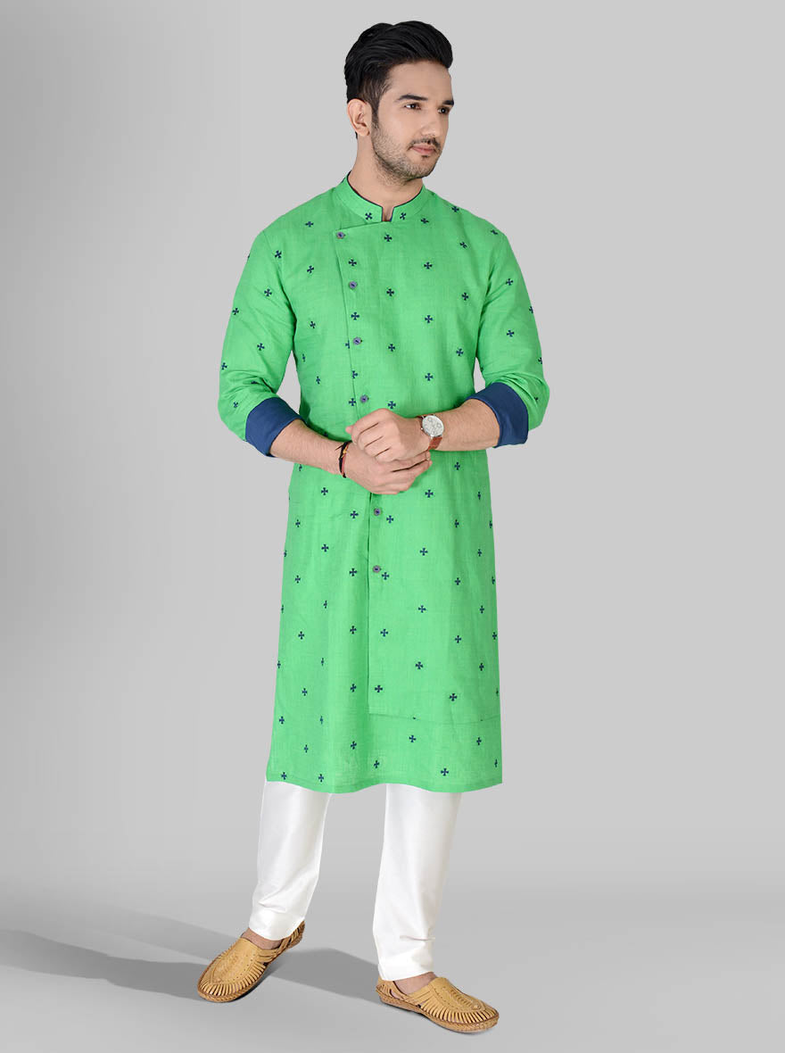 Celebrate in style with our mint green and blue kurta pajama, perfect for enhancing your appearance.