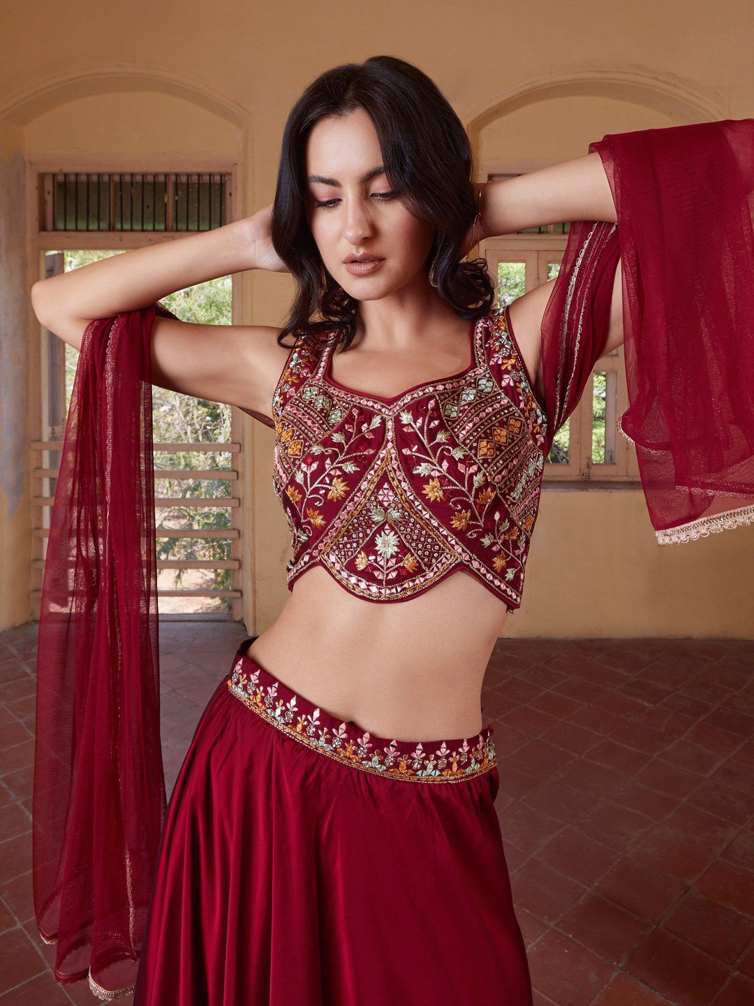 Maroon Georgette Lehenga Choli | Multi-Embroidery & Mirror Work Design