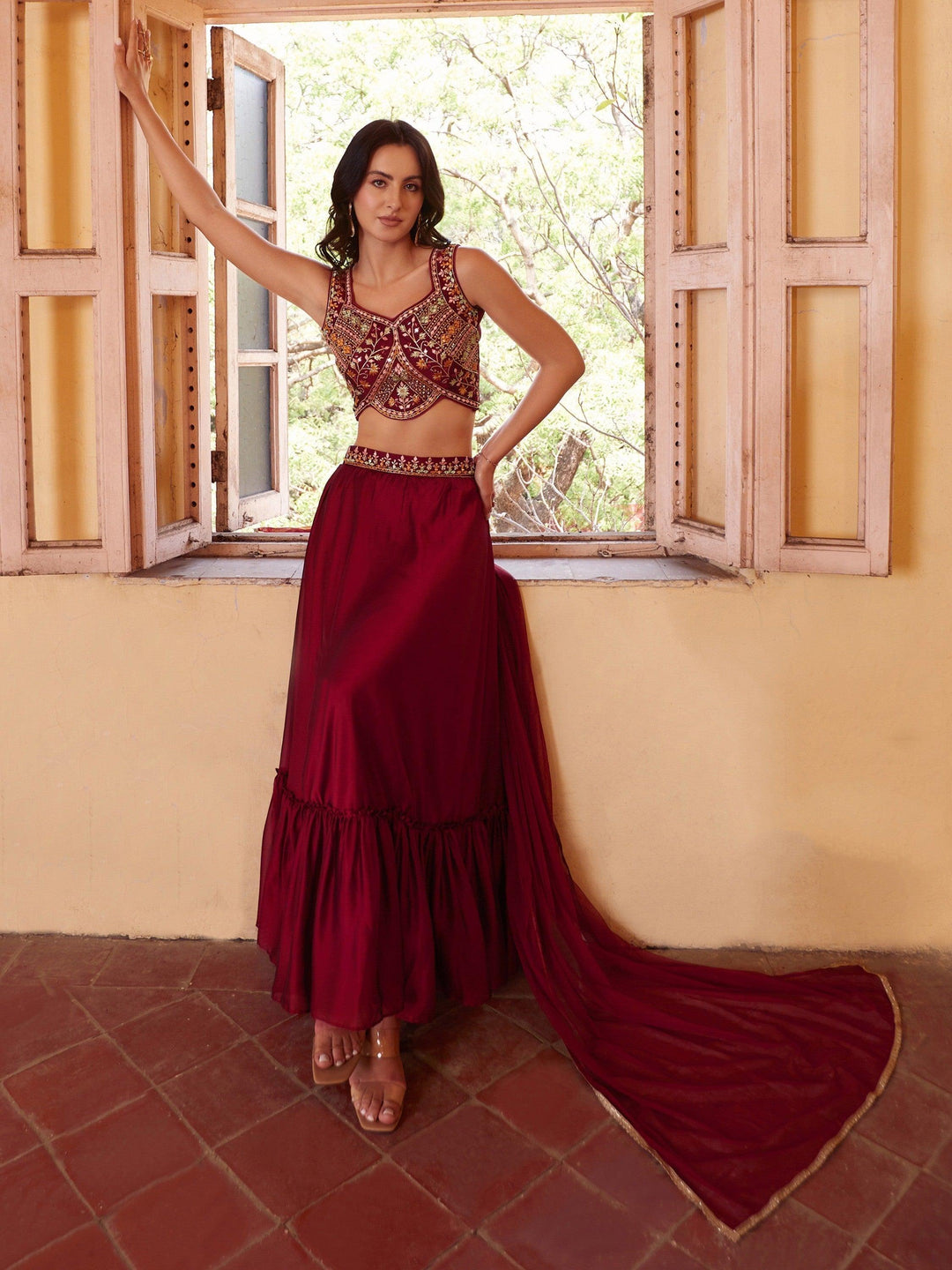 Maroon Georgette Lehenga Choli | Multi-Embroidery & Mirror Work Design