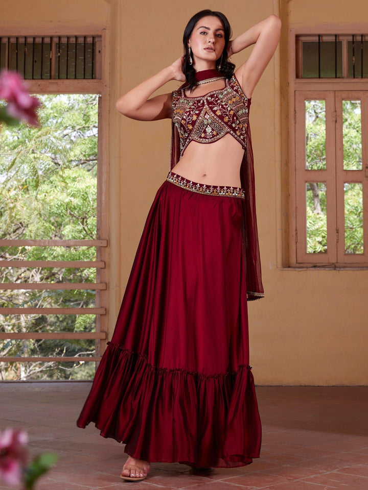 Maroon Georgette Lehenga Choli | Multi-Embroidery & Mirror Work Design