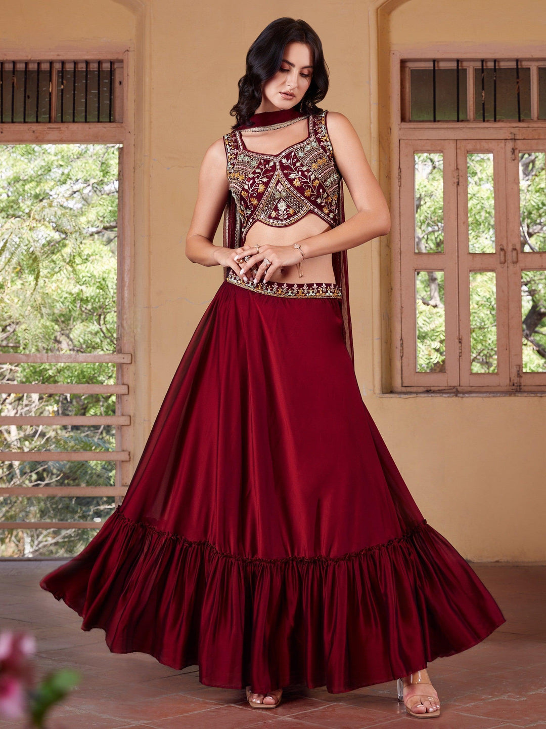 Maroon Georgette Lehenga Choli | Multi-Embroidery & Mirror Work Design