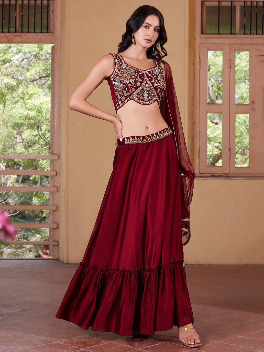 Maroon Georgette Lehenga Choli | Multi-Embroidery & Mirror Work Design