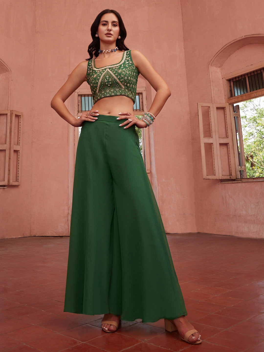 Green Embroidered Georgette Crop Top | Palazzo with Mirror Work