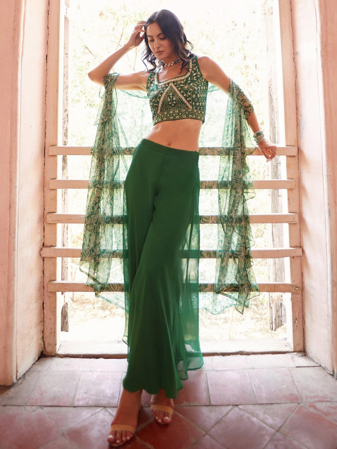 Green Embroidered Georgette Crop Top | Palazzo with Mirror Work