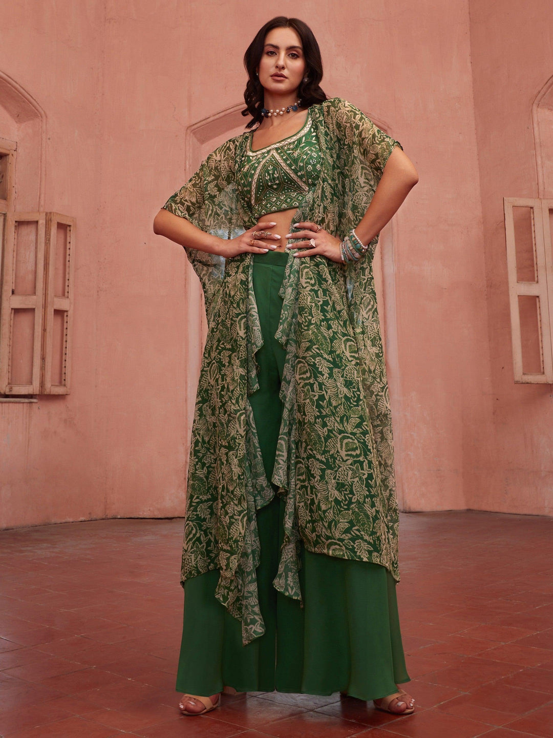 Green Embroidered Georgette Crop Top | Palazzo with Mirror Work