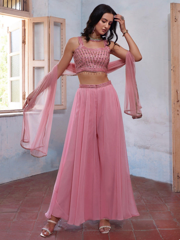 Pink Crop Top Palazzo Set | Bollywood Glam with Net Dupatta