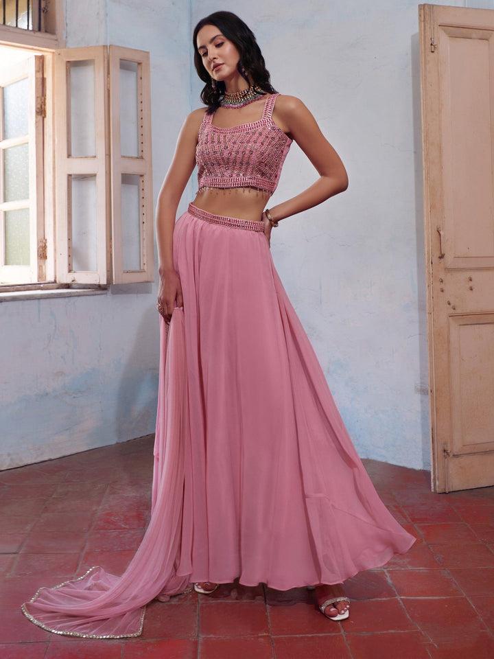 Pink Crop Top Palazzo Set | Bollywood Glam with Net Dupatta