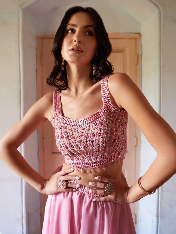 Pink Crop Top Palazzo Set | Bollywood Glam with Net Dupatta