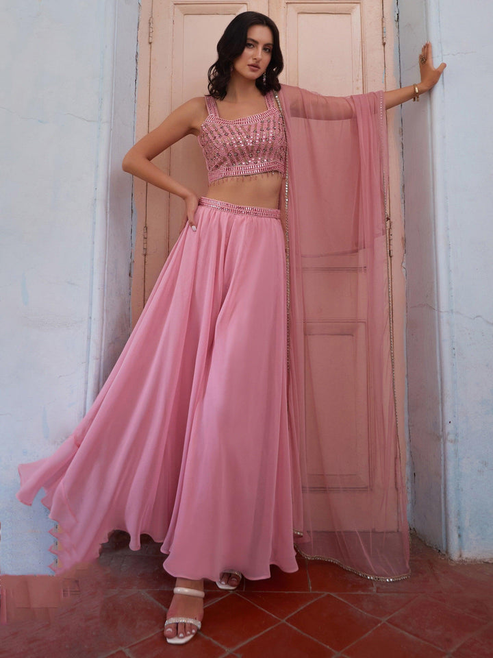 Pink Crop Top Palazzo Set | Bollywood Glam with Net Dupatta