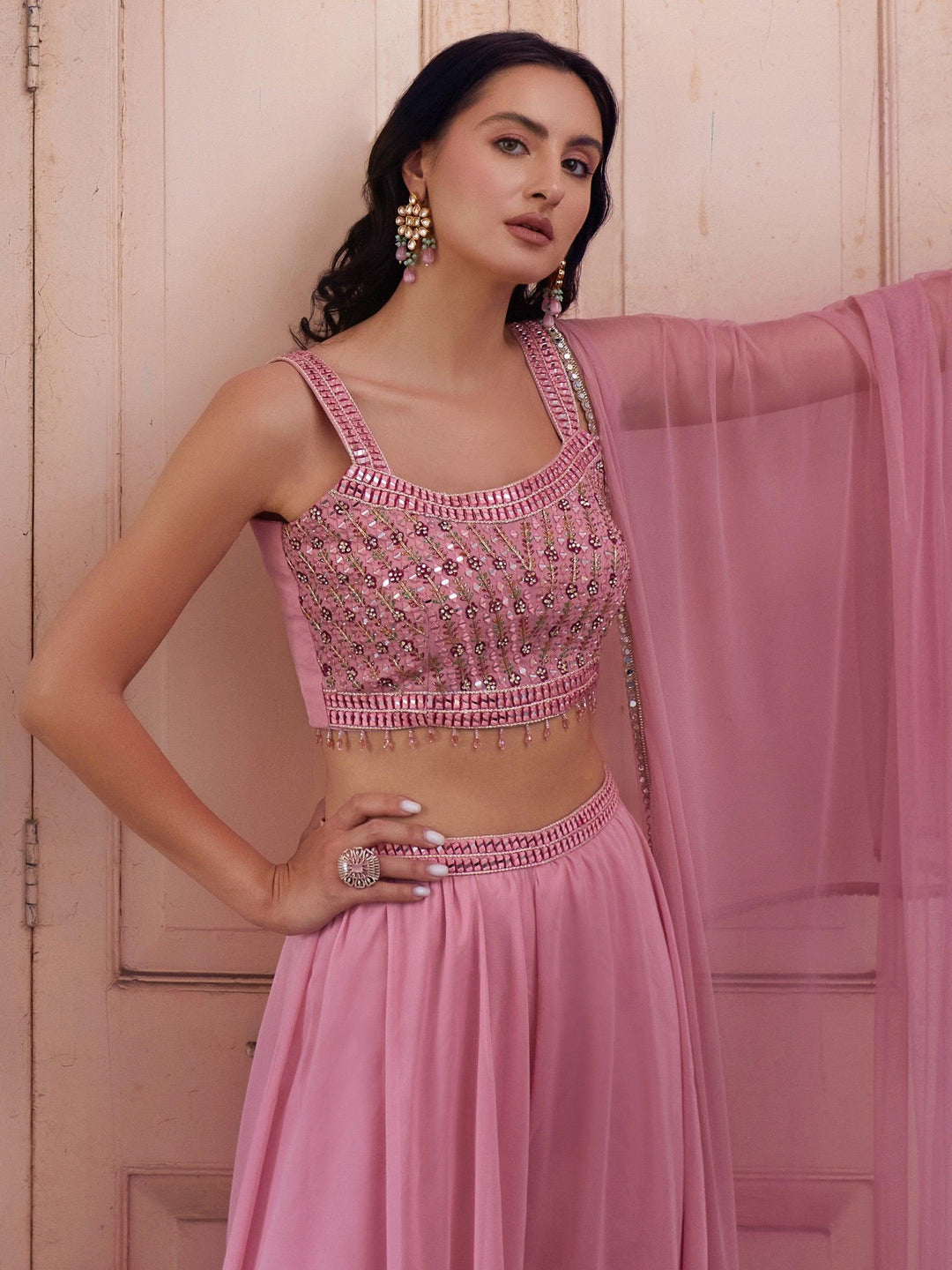 Pink Crop Top Palazzo Set | Bollywood Glam with Net Dupatta