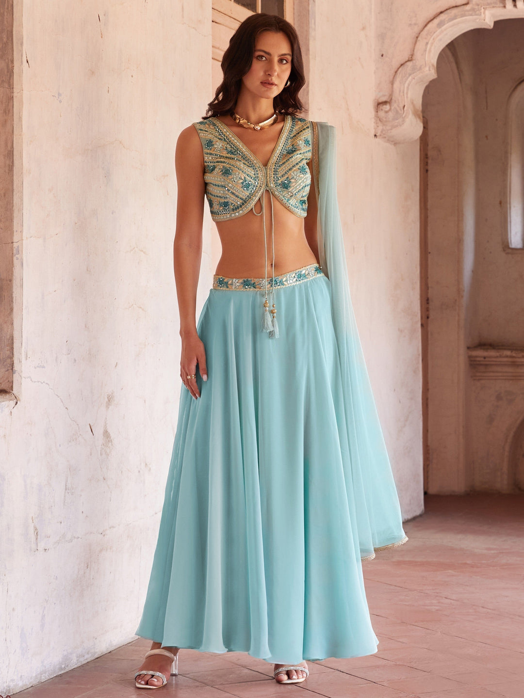 Elegant Sky Blue Lehenga Choli | Georgette Fabric & Mirror Work Set