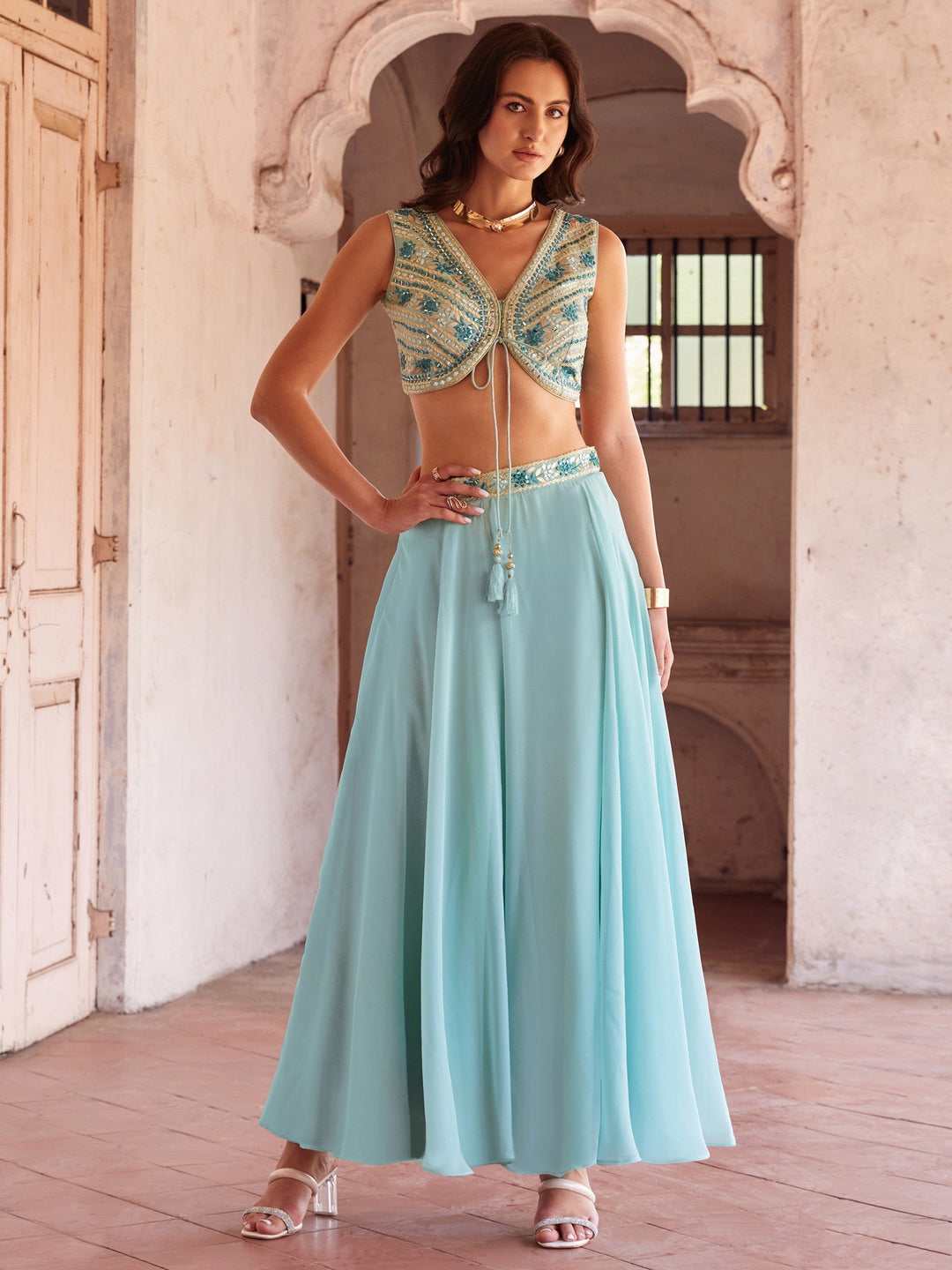 Elegant Sky Blue Lehenga Choli | Georgette Fabric & Mirror Work Set