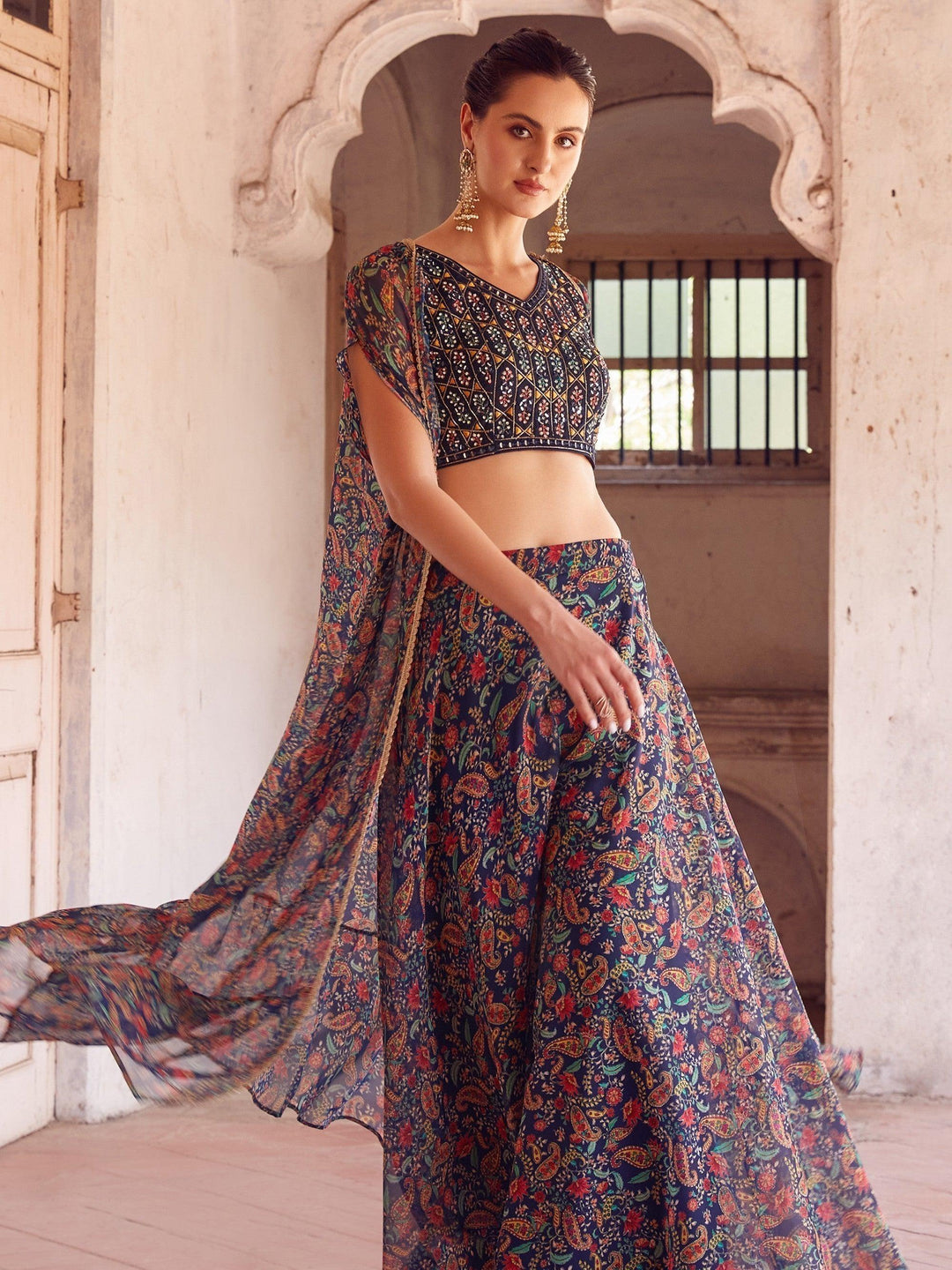 Navy Blue Palazzo Set | Digital Print Crop Top with Embroidery