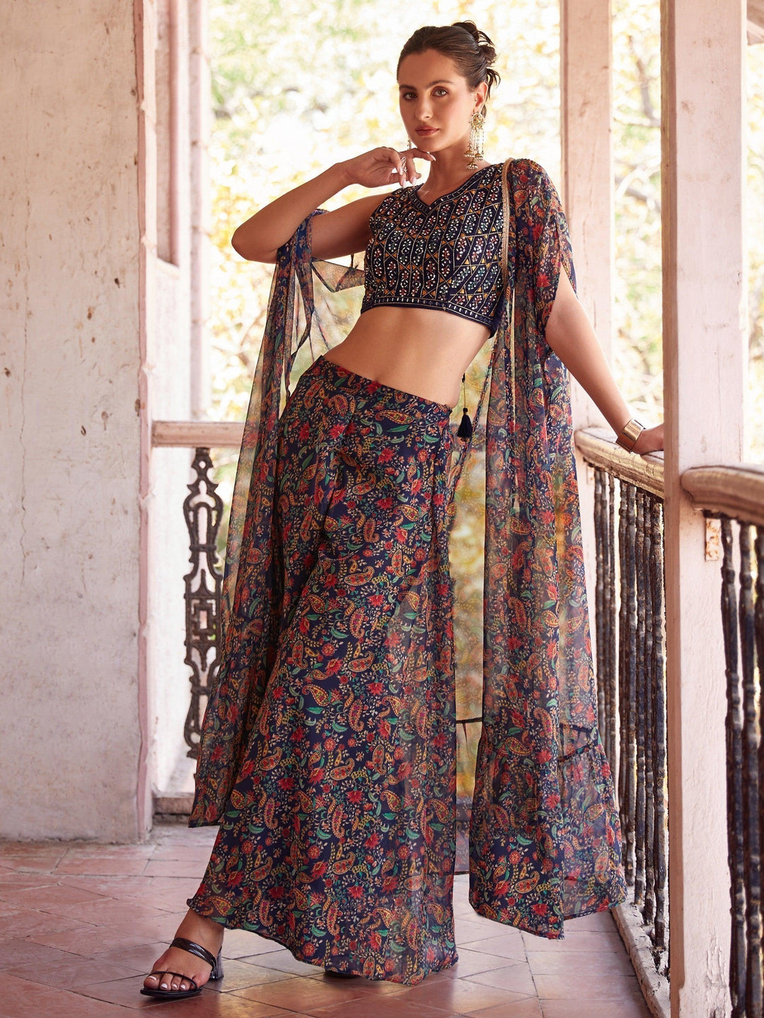 Navy Blue Palazzo Set | Digital Print Crop Top with Embroidery