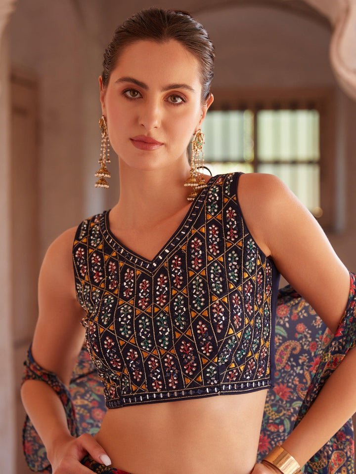 Navy Blue Palazzo Set | Digital Print Crop Top with Embroidery