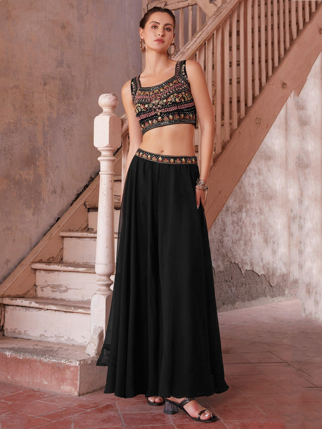 Mirror Work Black Palazzo Set | Stylish Shrug with Crop Top