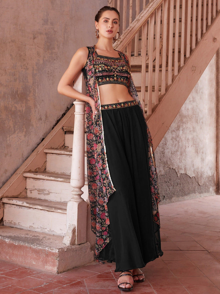 Mirror Work Black Palazzo Set | Stylish Shrug with Crop Top