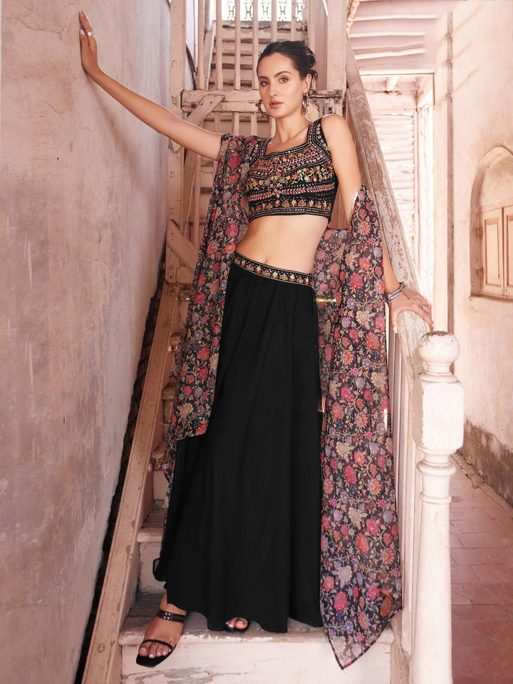 Mirror Work Black Palazzo Set | Stylish Shrug with Crop Top