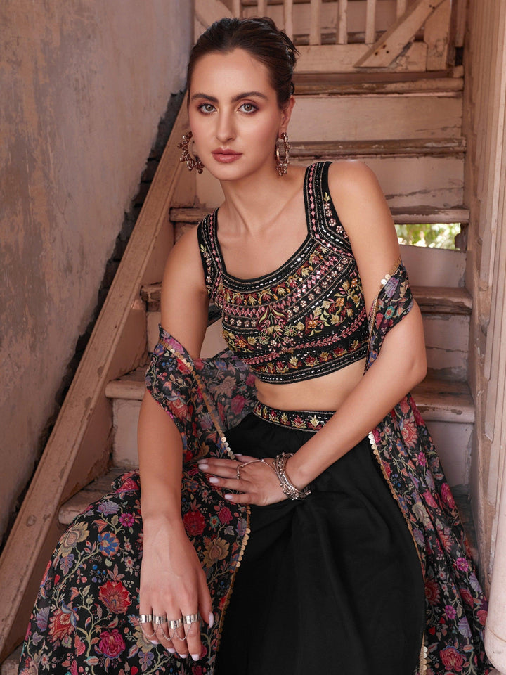 Mirror Work Black Palazzo Set | Stylish Shrug with Crop Top