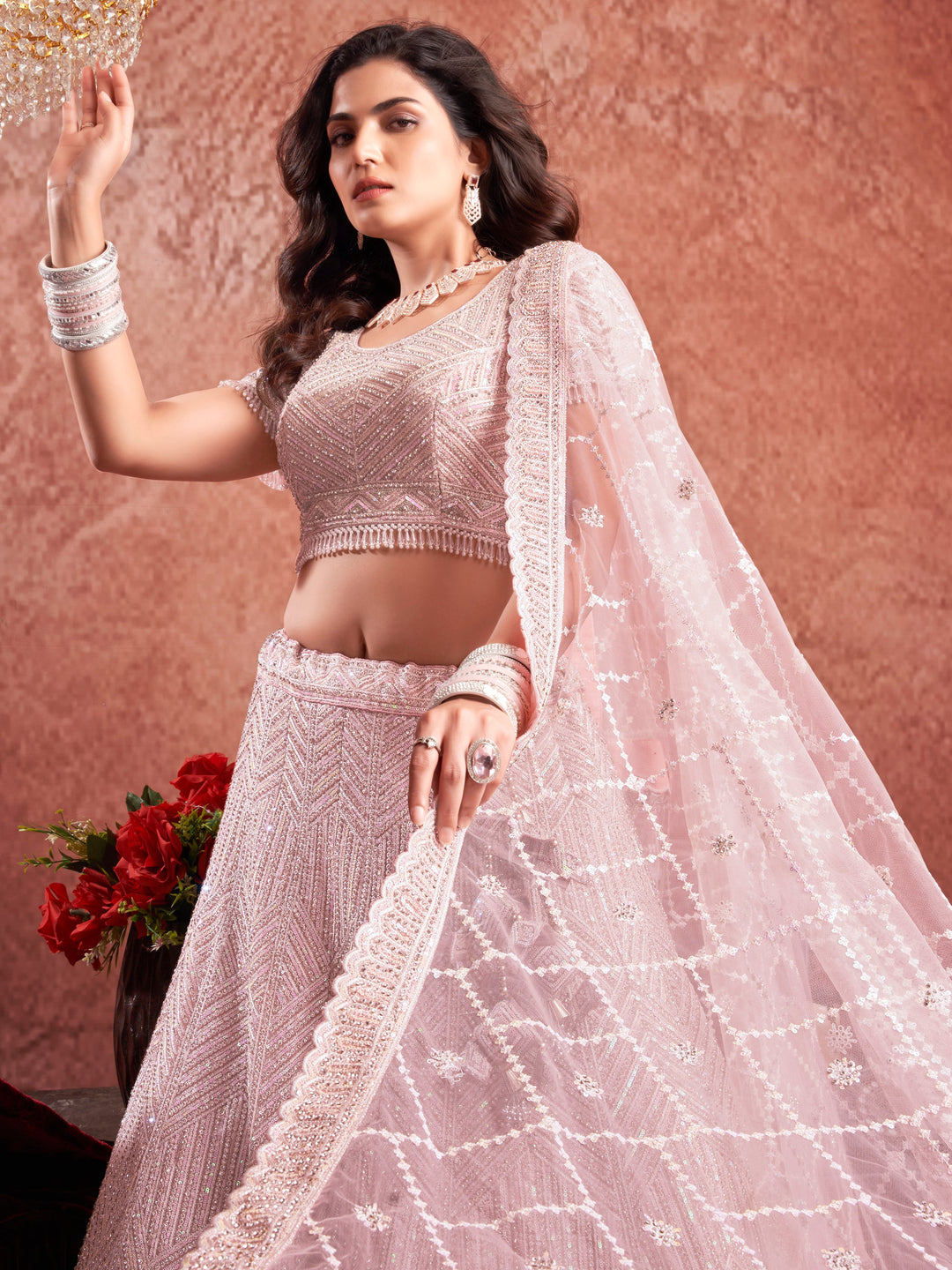 Adorable Baby Pink Sequins Work Net Engagement Wear Lehenga Choli