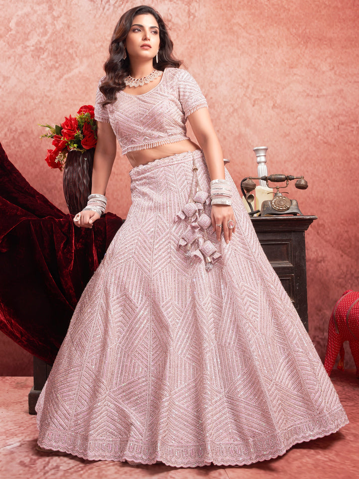 Adorable Baby Pink Sequins Work Net Engagement Wear Lehenga Choli