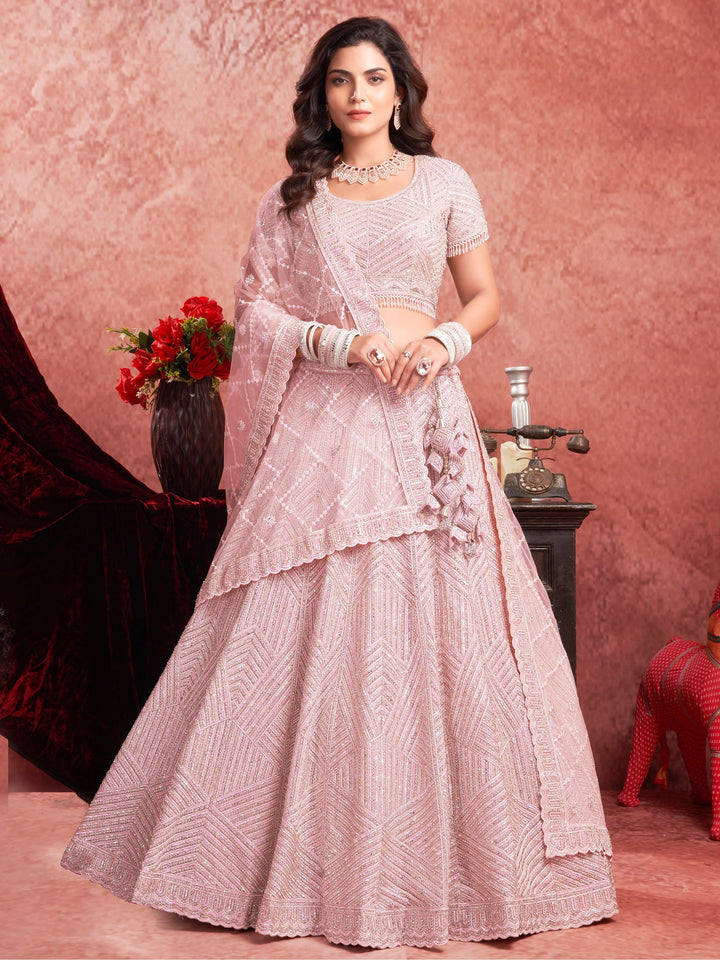 Adorable Baby Pink Sequins Work Net Engagement Wear Lehenga Choli